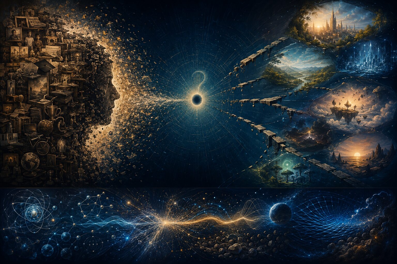 生前の人格と最小の視点、複数の可能世界の間に連続性の断絶があることを示す図