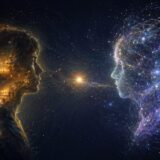 人間と抽象的なAIが向き合い、意識の有無を問い合うイメージ