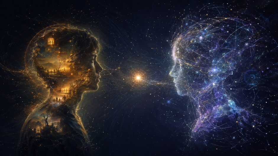 人間と抽象的なAIが向き合い、意識の有無を問い合うイメージ