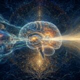 脳が意識を生成する流れと、意識を受信して限定する流れが中央で交差するイラスト