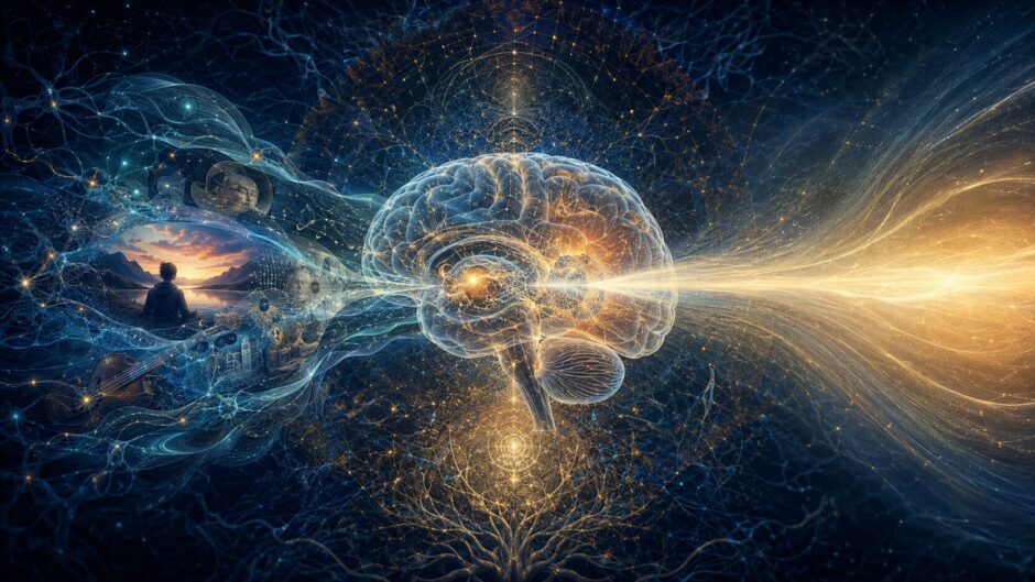 脳が意識を生成する流れと、意識を受信して限定する流れが中央で交差するイラスト