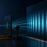 光子源、二つのスリット、経路検出器、干渉縞を示す二重スリット実験のイメージ
