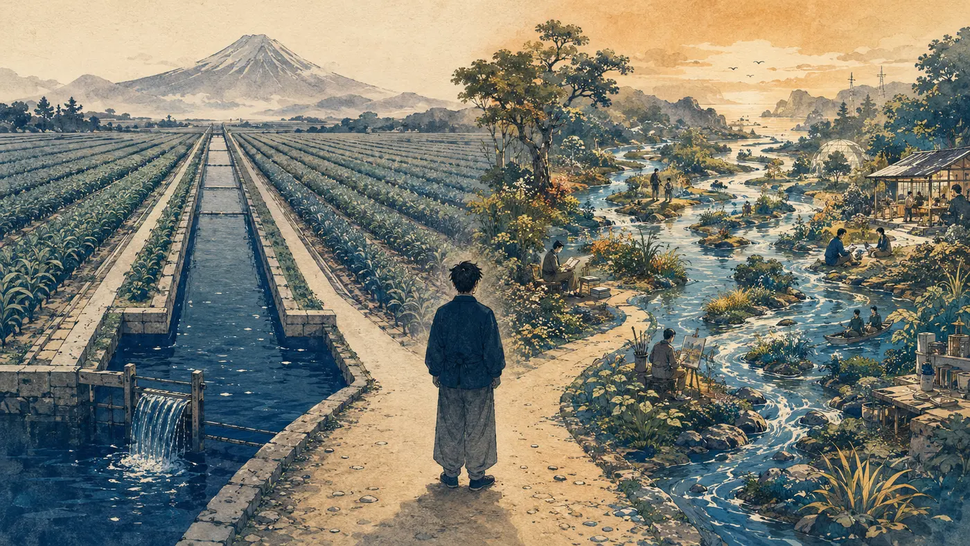 決めた作物へ水を送る直線的な水路と、多様な創造を育てる自然な流れを比較したイメージ