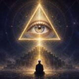 黄金の三角形に輝くプロビデンスの目と、内なる第三の目を示す人物を描いた象徴画