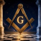 黄金のコンパスと直角定規、中央のG、二本の柱、白黒の床を描いたフリーメーソン象徴画