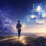 未来の方向性が現在の身体と行為へ断片的に立ち上がるイメージ
