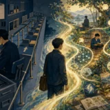 管理された習慣環境から創造が自然につながる生きた環境へ移るイメージ