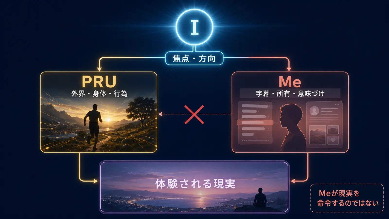 IからPRUとMeが並列に立ち上がり体験される現実を構成する図