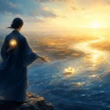望みを示す光のコンパスを胸に持ち、結果を象徴する舟を流れへ手放す人物