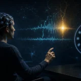 脳波を測定しながら回転する時計を見て指を動かすリベット実験と、意識より先に始まる脳活動のイメージ