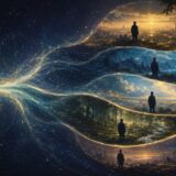 一つの普遍的な波から複数の世界と各世界の観測者が枝分かれするイメージ