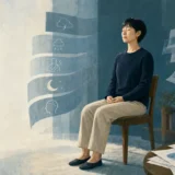 瞑想する人物と研究資料を通して科学的な効果と限界を検討するイラスト