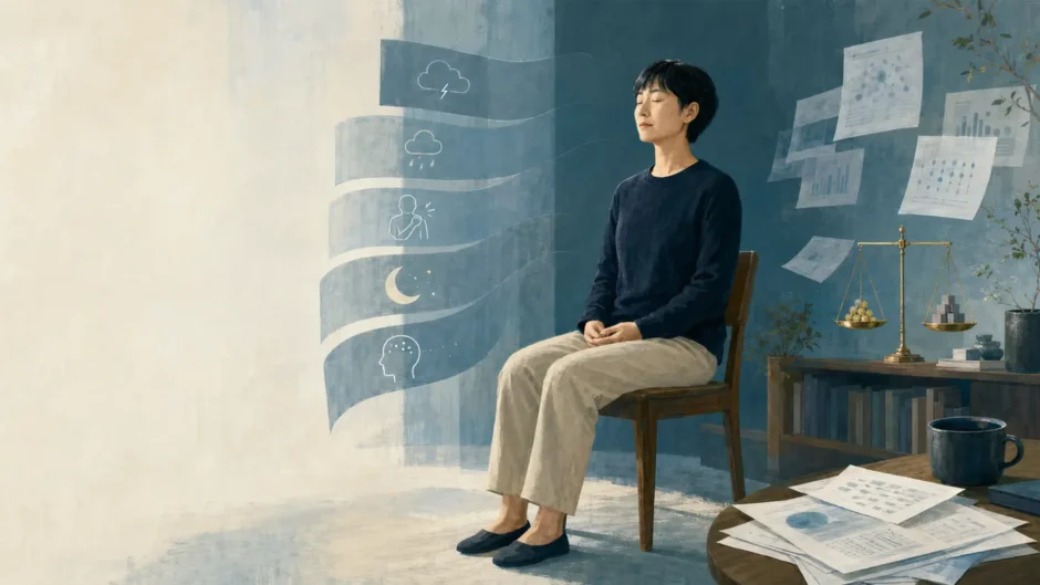 瞑想する人物と研究資料を通して科学的な効果と限界を検討するイラスト