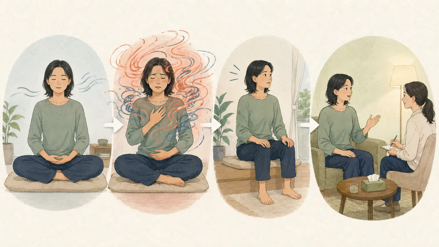 瞑想中の不調に気づき、目を開けて足裏を感じ、専門家へ相談する流れのイラスト