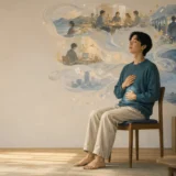 椅子で瞑想しながら浮かぶ予定や記憶や心配を消さずに観察する人物