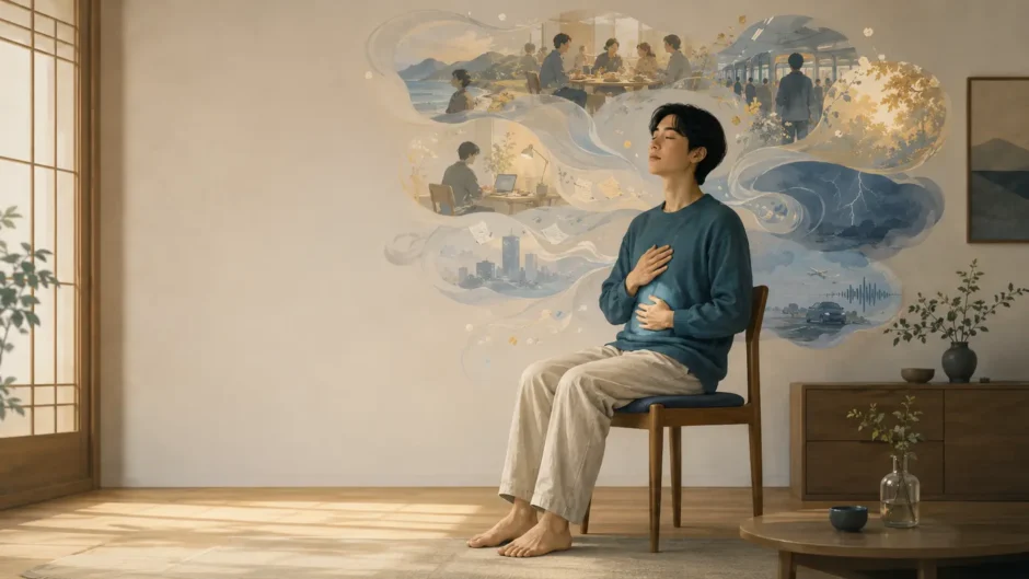 椅子で瞑想しながら浮かぶ予定や記憶や心配を消さずに観察する人物