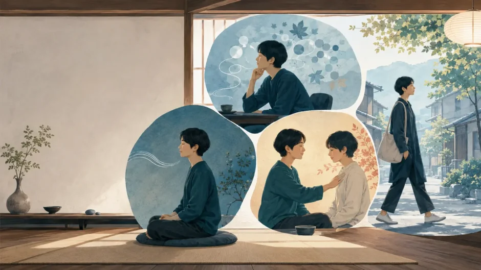 サマタ・ヴィパッサナー・慈悲・マインドフルネスの四つの瞑想を表したイラスト