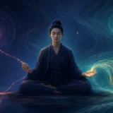 静かに瞑想しながら結果を握る手と流れへ開く手を対比したイメージ