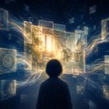 記憶の断片が現在の観測者のもとで再構成される様子を描いたイラスト