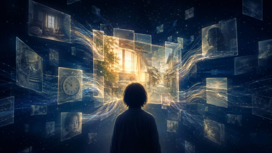 記憶の断片が現在の観測者のもとで再構成される様子を描いたイラスト