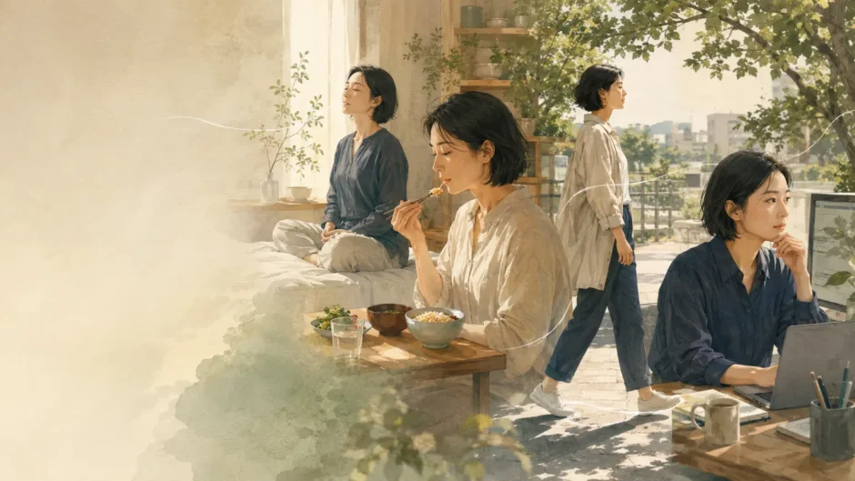 呼吸・食事・歩行・仕事の中でマインドフルネスを実践する人のイラスト
