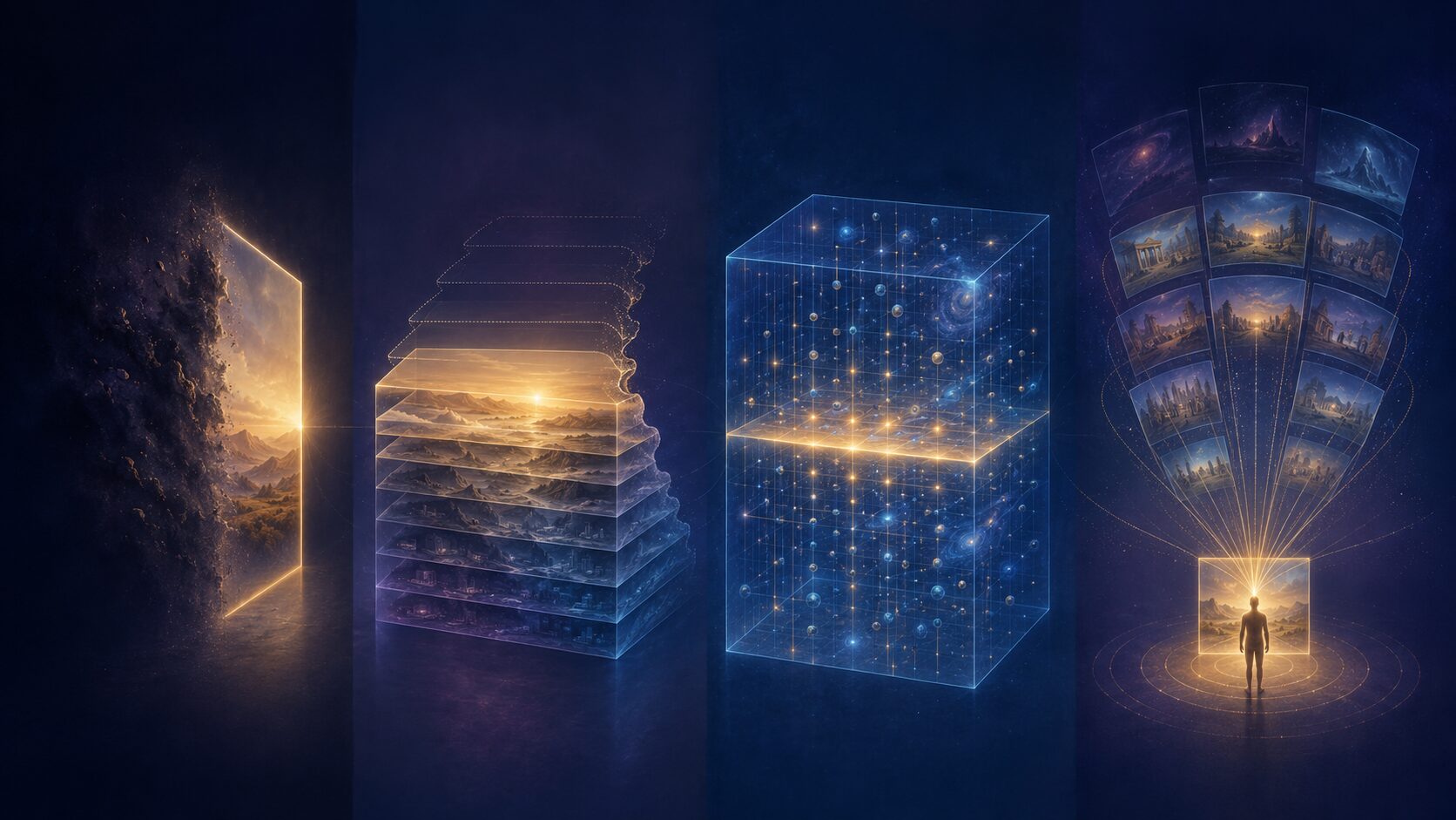 現在主義、成長ブロック宇宙、永遠主義、ZPF視点の四つを比較した概念図