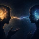 異なる内的宇宙を持つ二人が言葉と応答の光でつながる、他我問題のイメージ