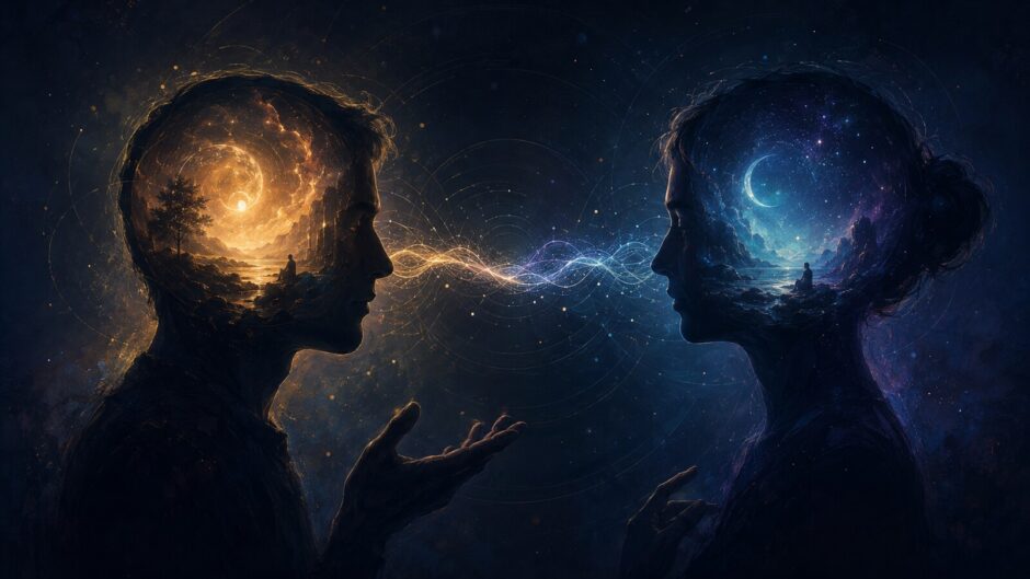 異なる内的宇宙を持つ二人が言葉と応答の光でつながる、他我問題のイメージ