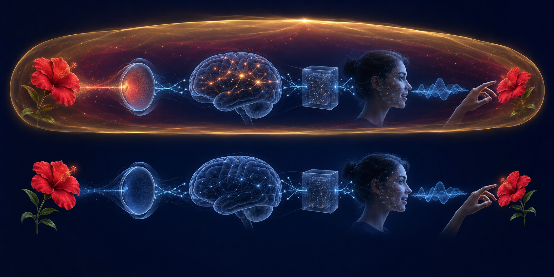同じ花を見て同じ脳活動と行動を示す二つの処理系のうち、一方だけに主観的体験が伴う比較図