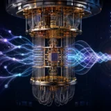 量子コンピューターが重ね合わせと干渉を使い一つの測定結果へ至る様子を表したイラスト