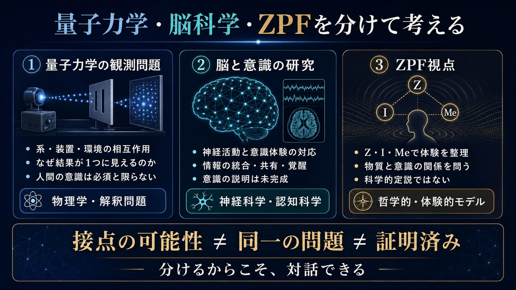 量子力学の観測問題、脳と意識の研究、ZPF視点の目的と立場を三つに分けた比較図