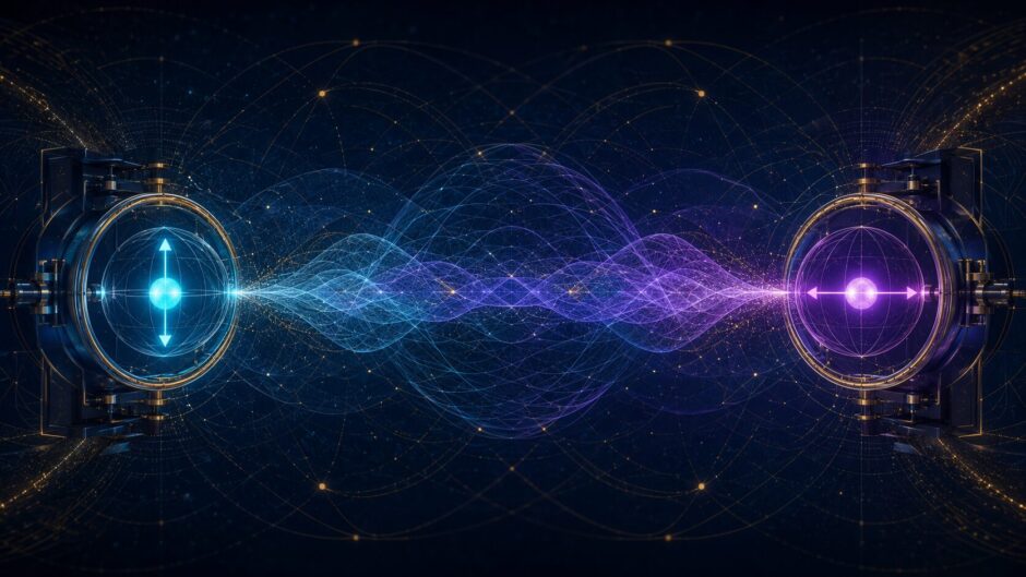 離れた二つの粒子を一つの量子状態として表現した量子もつれのイメージ