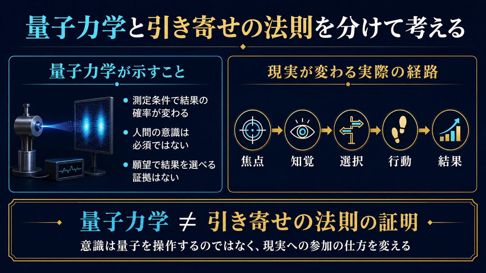 量子力学が示すことと、焦点から知覚・選択・行動・結果へ至る現実変化の経路を比較した図