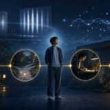 量子力学と引き寄せの法則の違いを、焦点・選択・行動・結果の流れで表したイメージ