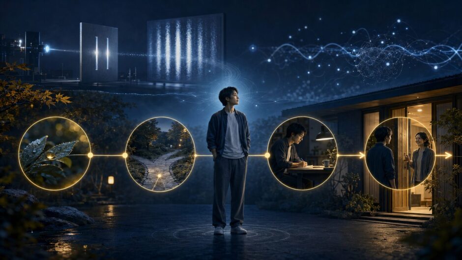 量子力学と引き寄せの法則の違いを、焦点・選択・行動・結果の流れで表したイメージ