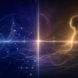 量子力学の波と意識の光を橋でつなぎ、科学とスピリチュアルの境界を表したイメージ