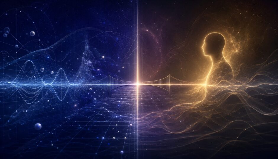 量子力学の波と意識の光を橋でつなぎ、科学とスピリチュアルの境界を表したイメージ