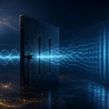 二重スリット実験と検出器、観測する人影を描いた量子力学の観測者効果のイメージ