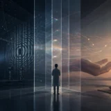 量子力学の実験とスピリチュアルな意味づけを透明な層で分けて考えるイメージ