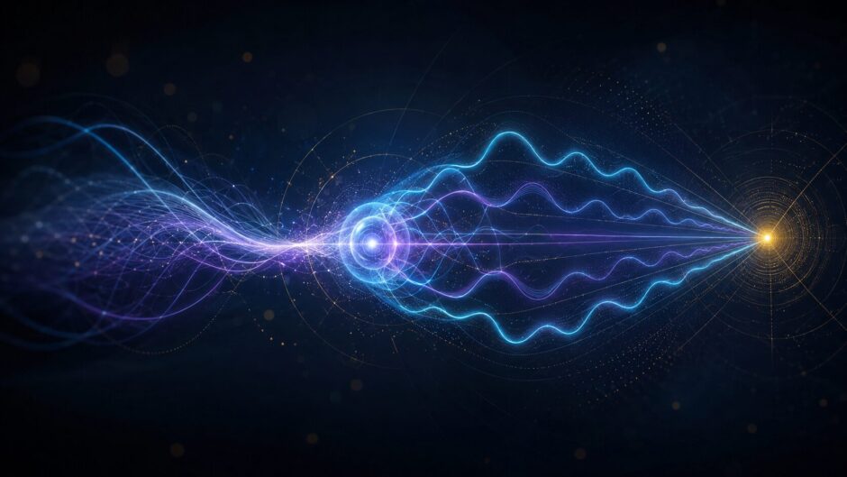 複数の確率振幅が重なり一つの測定結果へ至る量子の重ね合わせのイメージ