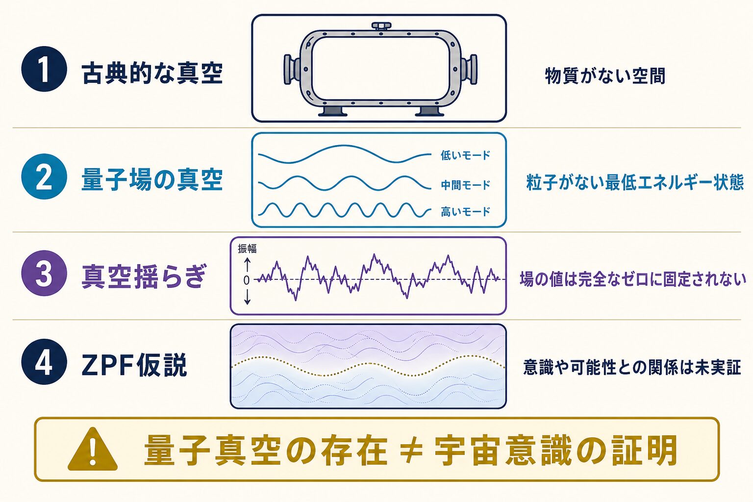 古典的な真空、量子場の真空、真空揺らぎ、ZPF仮説の違いを示す日本語図解