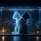 箱の中で二つの可能性として重なり合うシュレディンガーの猫のイメージ