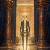 ソロモン神殿の二本の柱の間に立つ人体と光る背骨を描いた象徴画
