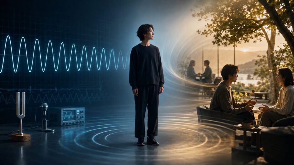 物理学で測定できる周波数と、身体・注意・関係性に現れるBeingの違いを表したイメージ