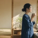 日常の中で飲み物の香りや光に注意を向けるマインドフルネスのイラスト
