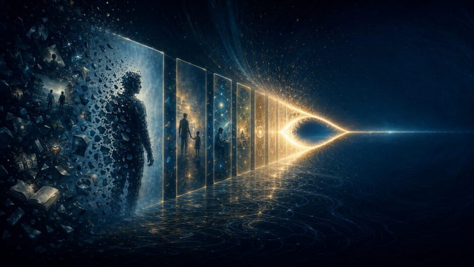 人生の記憶がほどけた先に、主体なき視点の光だけが問いとして残るイラスト