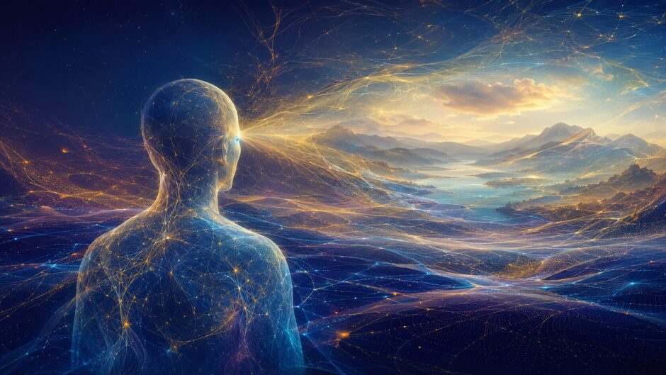 観測者と世界が同じ場から同時に生成される様子を描いた哲学的イラスト
