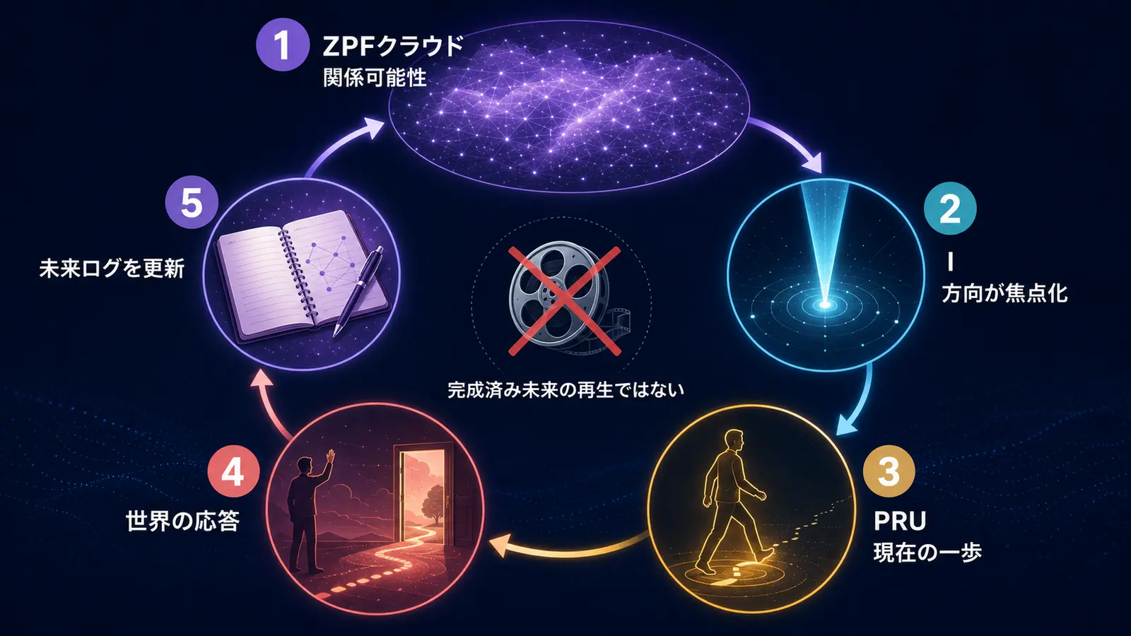 ZPFクラウドから方向、現在の一歩、世界の応答、未来ログ更新へ循環する図