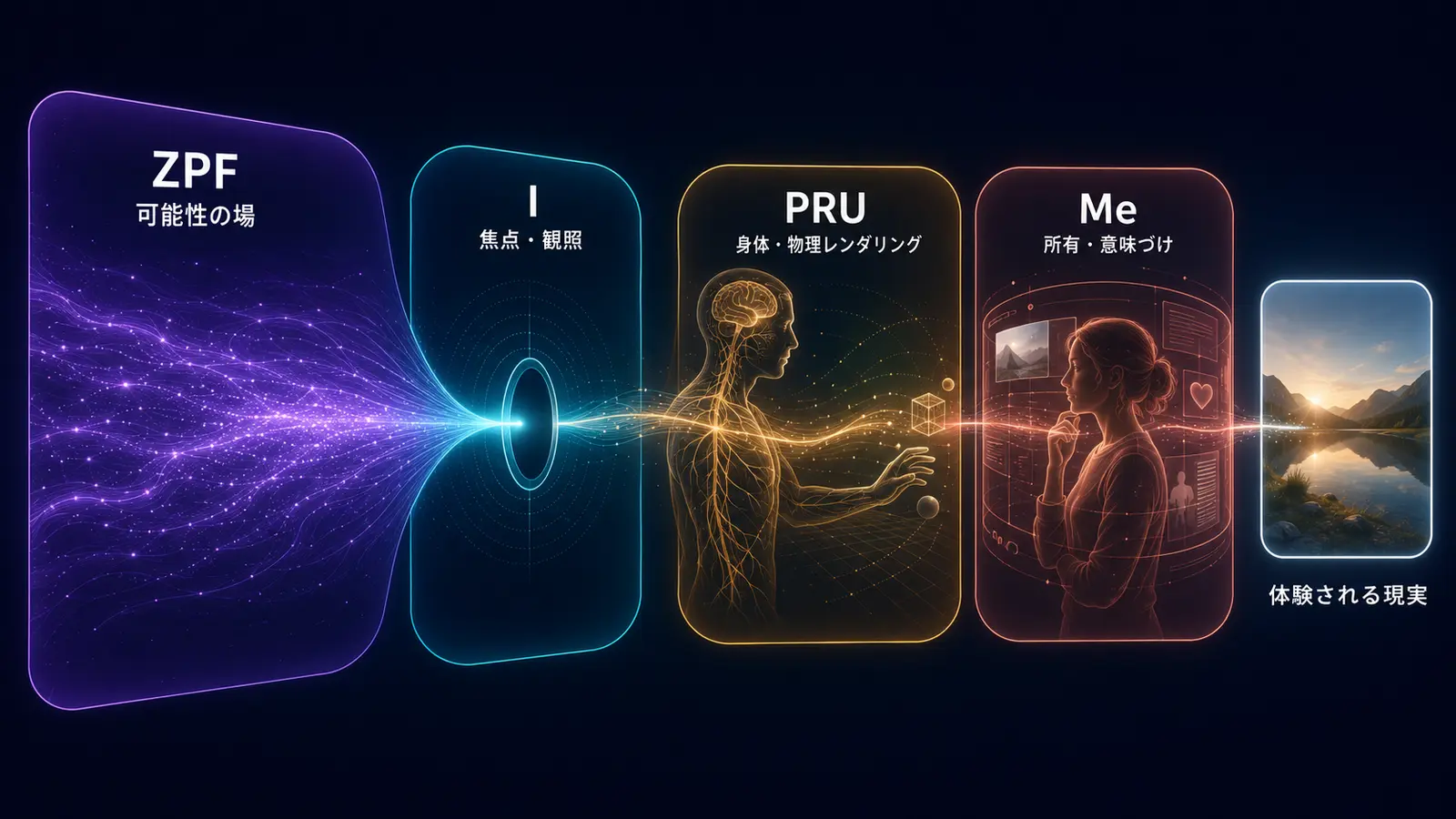 ZPF、I、PRU、Meから体験される現実へ至る構造図