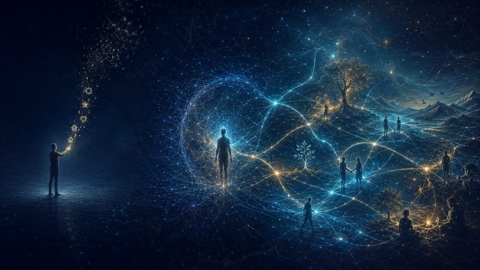 願望を宇宙へ注文する私から無主語の関係可能性の場へ移るイメージ
